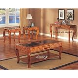 Carved Oak 3 Piece Glass Top Coffee Table Set - Coffee Table And 2 End Tables