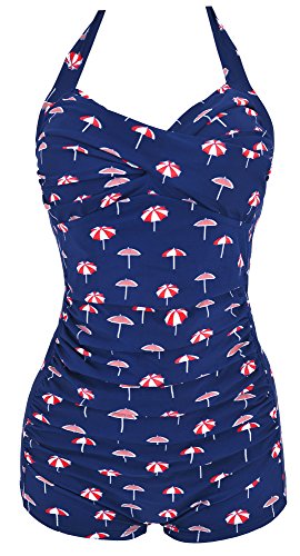 Ebuddy Elegant Retro Inspired Boy-Leg One Piece Ruched Monokinis Swimsuit,Umbrella Print,16(tag XXXL)
