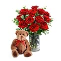 12 Red Roses with Vase and Bear