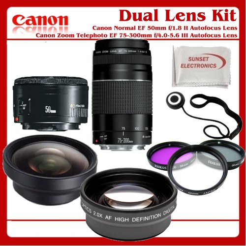 Canon Double Lens Kit: Includes Canon Normal EF 50mm f/1.8 II Autofocus Lens, Canon Zoom Telephoto EF 75-300mm f/4.0-5.6 III Autofocus Lens, Telephoto Lens, 3 Piece Pro Filter Kit, Lens Cap Holders, Lens Cleaning Kit & Microfiber Cleaning Cloth