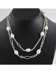Genuine Freshwater Pearl Strand Necklace with Two-tone Sterling Silver - Length: 16 Inches