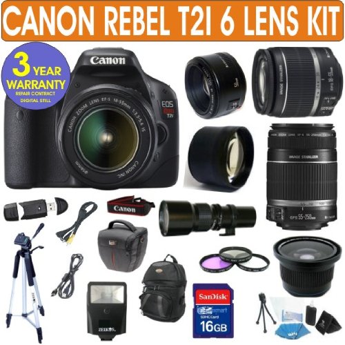 Canon Rebel T2i + Canon 18-55mm Lens + Canon 55-250mm Lens + 500mm Preset Lens + Canon 50mm Lens + .40x Fisheye Lens + 2x Telephoto Lens + 3 Year Celltime Warranty Repair Contract