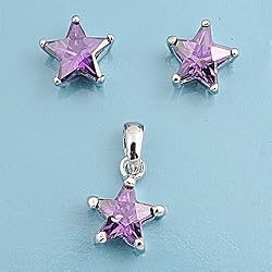 Sterling Silver Pendant and Earrings Set - Star Shape in Prong Set Amethyst CZ