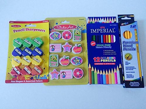 Basic Back to School Bundle Kit Include Premium Wood Pencil, Colorful Pencil Sharpeners, Reward Erasers and Natural Friendly Wood Free 12 Colored Pencil