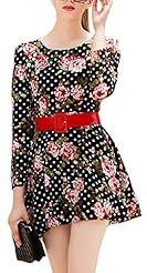 A-line Short Long Sleeves Belted Scoop Neck Linen Floral Print Winter Tunic/Mini Dress 