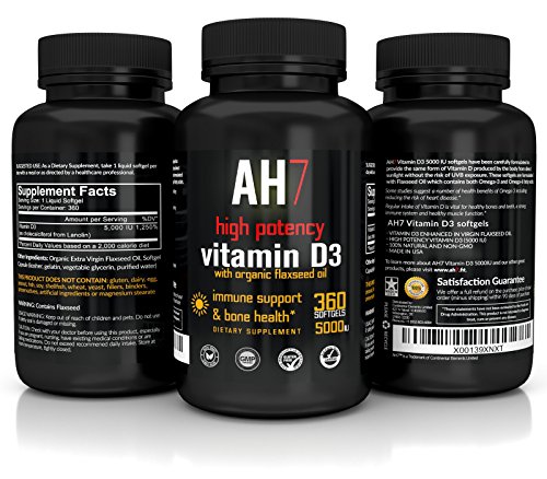 Vitamin D3 5000 IU 360 Softgels Extra Strength Vitamin D Supplement Organic Flaxseed Oil Omega 3 by AH7 Best for Healthy Bones, Immune System, Back Pain, Insulin Resistance, Cholesterol, Made in USA Vitamin D3 5000 IU 360 Softgels Extra Strength Vitamin D Supplement Organic Flaxseed Oil Omega 3 by AH7 Best for Healthy Bones, Immune System, Back Pain, Insulin Resistance, Cholesterol, Made in USA