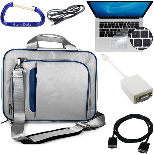 Grey / Blue Apple MacBook Pro 15.4 Inch Laptop Shoulder Strap Carrying Case Bag, Keyboard Silicone Skin Cover, Mini DisplayPort Male to VGA Female Adapter, VGA Male to Male 6 Feet Extension Cable, 3.5mm to 3.5mm Auxilliary Stereo Cable, and a Free Carabiner Key Chain