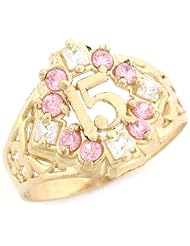 14k Yellow Gold Sapphire CZ Quinceanera 15 Anos Birthstone Ring