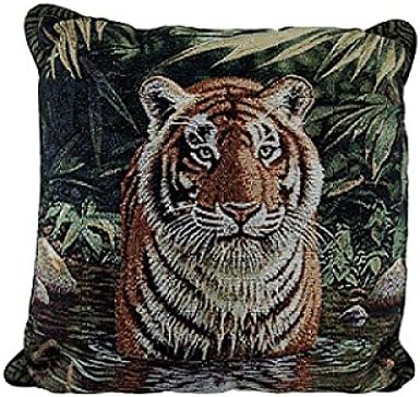 Tiger Pool Tapestry Throw Pillow. Bring The Jungle Home. Made in the USA. 17 x 17 x 6 Inch.