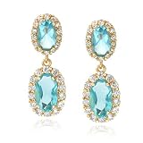 Yellow Gold Overlay Sterling Silver Simulated Aqua & Cubic Zirconia Double Oval Earrings by Cheline