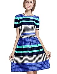 Fit-and-Flare Cotton/Polyester Striped Print Scoop Neck Pleated Colorblocking Party Dress 