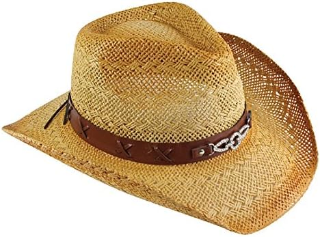 Natural Toyo Western Hat With Faux Leather Hatband & Rhinestone Medallion