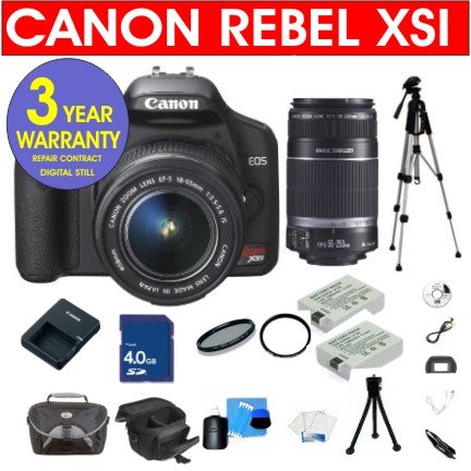 Canon EOS Rebel XSI 12.2 MP Digital SLR Camera with 18-55mm IS Lens & EF-S 55-250mm f/4-5.6 IS Lens + High Capacity Li-Ion Battery + 4 GB Memory Card + 6 Piece Accessory Kit + Camera Holster Case + Multi-Coated Glass UV Filter + Multi-Coated Glass Polarizer Filter + 3 Year Warranty Repair Contract