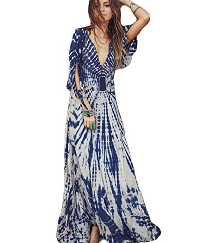 Women's V Neck Bohemian 3/4 Sleeve Wrap Maxi Dress