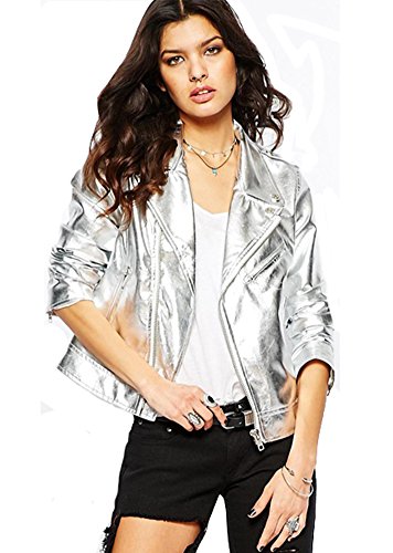 Summerwhisper Women's Zipper Moto Biker Faux Leather Bomber Jacket Silver Large