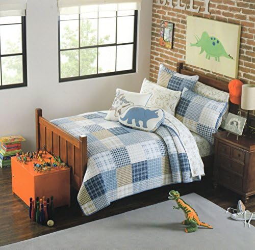 2 Piece Twin Quilt &amp; Sham Set Prehistoric Pals Cotton Reversible Patchwork Bedspread, Dinosaurs Bedding Coverlet (Twin)