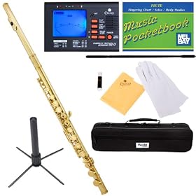 Mendini MFE-L Gold Lacquered Key of C Closed Hole Flute + 1 Yr Warranty, Case, Tuner, Stand, Cleaning Rod & Cloth, Joint Grease, & a Pair of Gloves