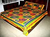 Hand, Block Printed, Multicolored Bedspread Set - Kantha Embroidery - 17