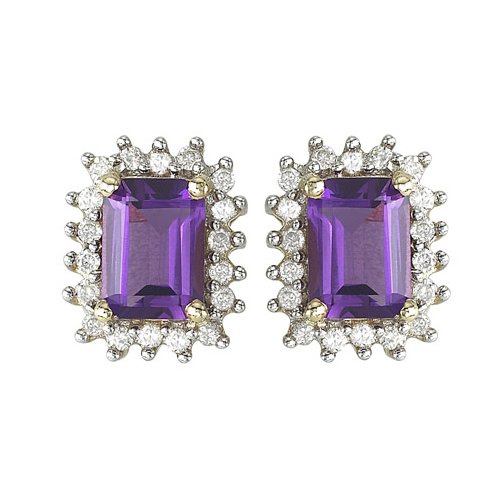 14K Yellow Gold 1/4 ct. Diamond and Emerald Cut Amethyst Earrings