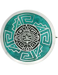 Sterling Silver Aztec Calendar Mandala Brooch Pin Pendant w/ Green Enamel Background, 1 1/2 inch wide