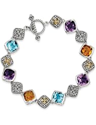 Genuine Sterling Silver & 14K Yellow Gold 20 .35 Multi Gemstone 8 .25In Bracelet 33.3 Grams Of Gold