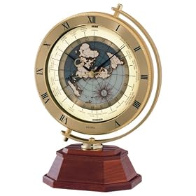 Seiko Mantel Automatic World Timer Clock Brown Wooden Base with Gold-Tone Coin Edge Metal Case
