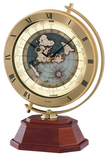 Seiko Mantel Automatic World Timer Clock Brown Wooden Base with Gold-Tone Coin Edge Metal Case
