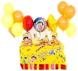 Dora the Explorer Party in a Box, Childrens Party Supplies, 20 Settings - 3 Foil Balloons, 15 Latex Balloons, 3 Dora the Explorer Room Banners, 20 Dora the Explorer Plates, Cups and Napkins, 2 Dora the Explorer Table Covers, 20 Dora the Explorer Pre-Filled Deluxe Party Bags filled with 9 toys and sweets, 20 Dora the Explorer Invitations and 20 Dora the Explorer Party Hats