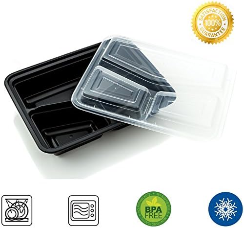 STAR 3-Compartment Meal Prep | Food Containers | Bento Box | Portion Control | Lunch Tray, Microwave, Dishwasher Safe, Reusable Lunch Box - 42 oz - 10 Pack - Black