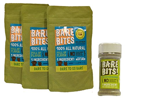 Three Bare Bites Packs (2 Ounces each) & One Bare Bits Shaker (3.5 Ounces) Dried 100% Beef Liver Dog or Cat Treat