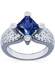 14K White Gold Princess Cut Blue Sapphire Ring With Sidestones
