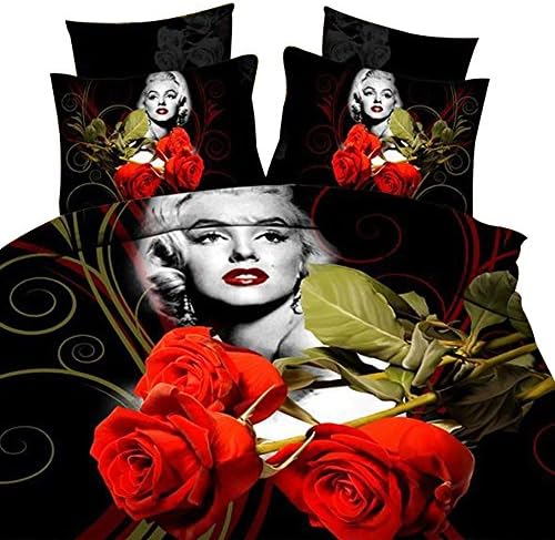 Octoberlsy Queen/ Full SizeCotton Polyester 4 Pcs 3D Marilyn Monroe Red Roses Printing Sexy Quilt Sheets Sets