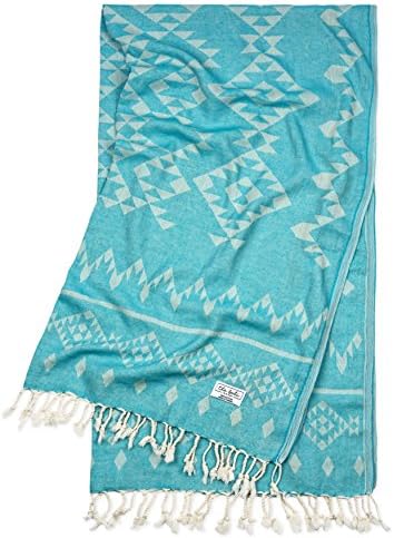 'Birdie' Turkish Beach Towel with Kilim/Aztec Print For Travel, Beach, Bath and Yoga by The Bali Market, 100% Turkish Cotton (Teal)