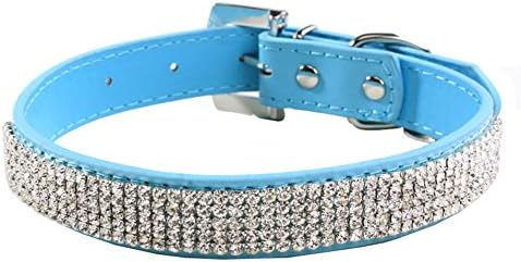 AM MARCH PU Leather Pet Collar with Sparkly Rhinestone for Small Medium Cats or Dogs (Blue, Small 10.6-12")