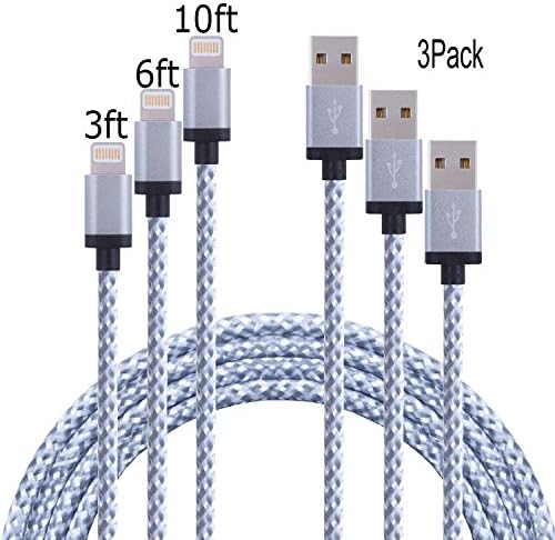 Dufferni 3pcs 3FT 6FT 10FT Lightning Cable Premium Popular Nylon Braided Charging Cable Extra Long USB Cord for iphone 6s, 6s plus, 6plus, 6,5s 5c 5,iPad Mini, Air,iPad5,iPod (Gray with White)