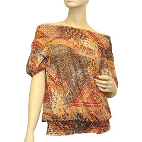 BrownBohemianThemePrintedChiffonBlouse,8linesSmocking.