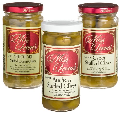 Miss Leone's Stuffed Queen Olives: Capers, Anchovy, Artichoke, 12-Ounce Jars (Pack of 3) by Anchovy Stuffed Olives