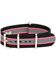 20mm Classic SS Nylon Striped Black / Grey / Pink - Easily Interchangeable Replacement Military Watch Band / Strap - Fits All Watches!!!