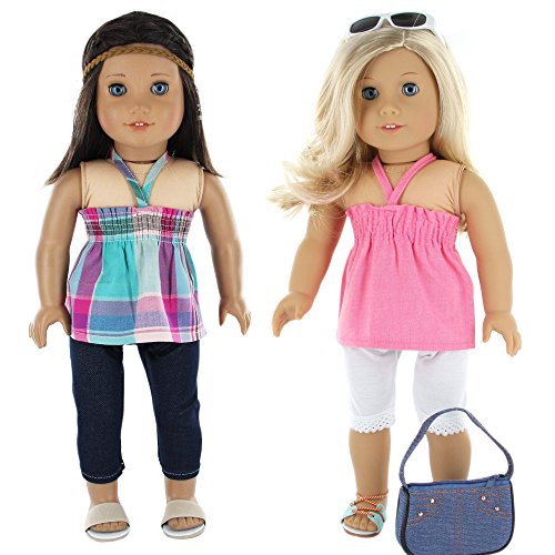 7 Pc. Casual Everyday Outfit Set Fits 18 Inch Doll Clothes Includes- X2 Pants, X2 Tops, Headband, Sun Glasses and Pocketbook