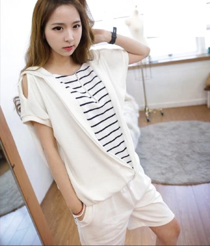 レジャースーツ スポーツウェア パーカー ストライプ ボーダー 半袖 ハーフパンツ ルームウェア パジャマ ワンピース チュニック 美脚 バスト オールインワン コンビネゾン セットアップ カジュアル レディース 春物 夏物 可愛いスカーフ付き T-198