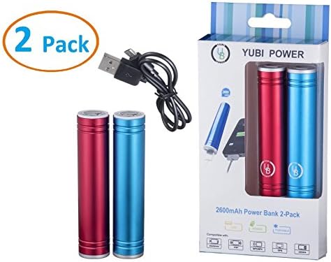 Yubi Power 2600mah with Flashlight Ultra Compact Lipstick Size Portable Power Bank Backup External Battery Charger for Iphones, Samsung Galaxy, Motorola, Lg, Nokia, Blackberry, Nokia and Various Other Smartphones -2 Colors, Red & Blue (2 -Pack)USB cables included
