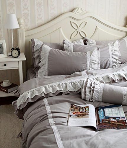 4pcs European Reactive Print Twill Grey Lace & Ruffle Cotton Duvet Cover Set201448 (Full)