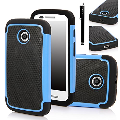 Moto E (1st Gen.) Case - E LV Motorola Moto E (1st Gen.) Case Cover Shock-Absorption / High Impact Resistant Hybrid Dual Layer Armor Defender Full Body Protective Case Cover for Moto E (1st Gen.) XT1021 / XT1022 / XT1025 with 1 Stylus and 1 E LV Microfiber Digital Cleaner (Blue)