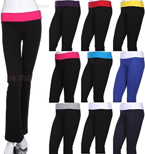 Cotton Contrast Color Block Fold Over Waistband Long Yoga Pants Athletic Span