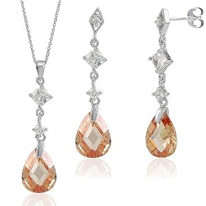 Sterling Silver Pear Champagne Cubic Zirconia CZ Earrings Nec