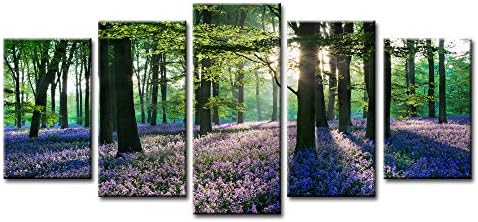 Youkuart- Canvas Print Giclee Artwork for Wall Decor, Stretched and Framed Art Work, Provence Lavender - 5 Panels Modern Paintings Canvas Wall Art for Home and Office Decoration Landscape Picture Prints on Canvas Art