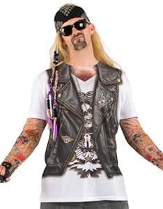 Faux Biker Vest & Tattoo Mesh Sleeves Costume T-Shirt Adult Select Size: X-Large