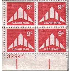 1971 DELTA WING PLANE Air Mail #C77 Plate Block of 4 x 9 cents US Postage Stamps