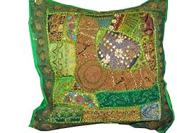 Beaded Zardozi Vintage Sari Decorative Green Floor Pillow Cushion Covers