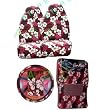 - 	 9 Piece Hawaiian Auto Interior Gift Set - Red Hawaii Hibiscus Floral print: 2 Front Bucket Seat Cover, Steering Wheel Cover, 2 Shoulder Harness Pressure Relief Cover, 2 Front Floor Mat and 2 Rear Floor Mat - Re